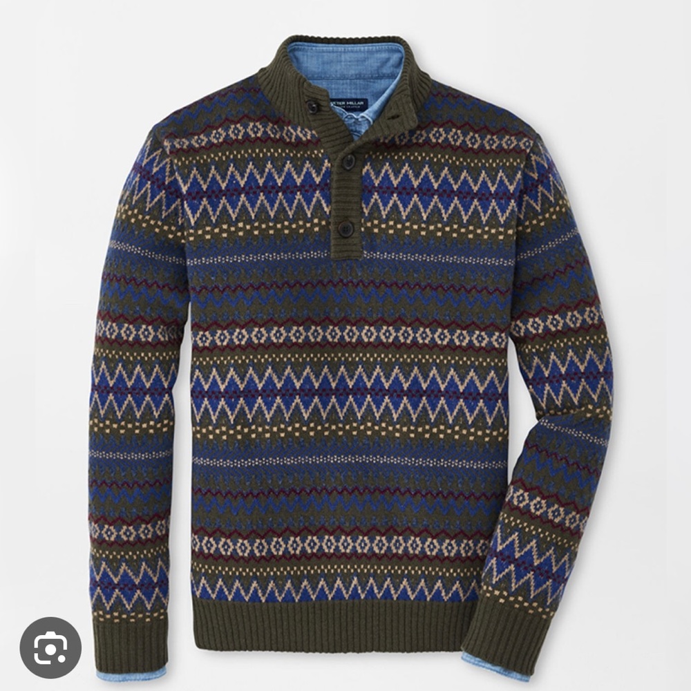 PETER MILLAR FERRIN FAIR ISLE BUTTON MOCK BALSAM Size XL Color Mixed; Green
